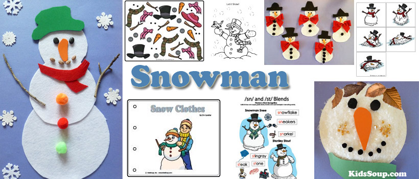 Preschool, Kindergarten, snowman activities, crafts, and printables