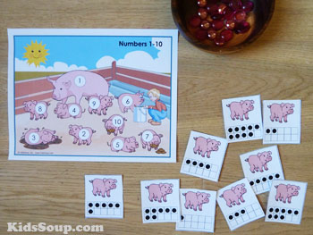 Pig and Piglets number recognition activity and game for preschool and kindergarten