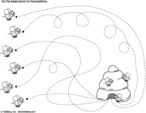 Fly the bees back to the beehive preschool tracing worksheet