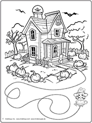 Halloween coloring page haunted house tracing for preschool and kindergarten