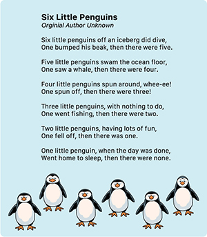 6 Little Penguins Rhyme and Free printables for preschool and kindergarten