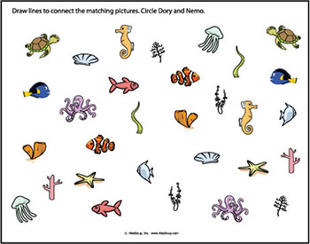 Find Dory and Nemo - find the matching pictures preschool worksheet