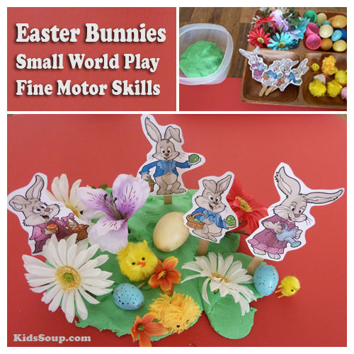 Preschool Easter Bunny small world play area and fine motor skills activity