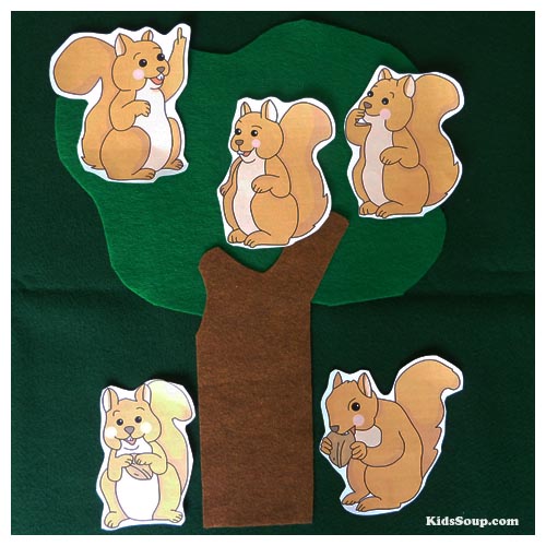 Five Little Squirrels rhyme, felt story, activity, and printables