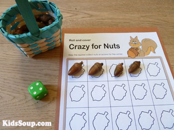 Squirrel counting acorns game and activity preschool and kindergarten